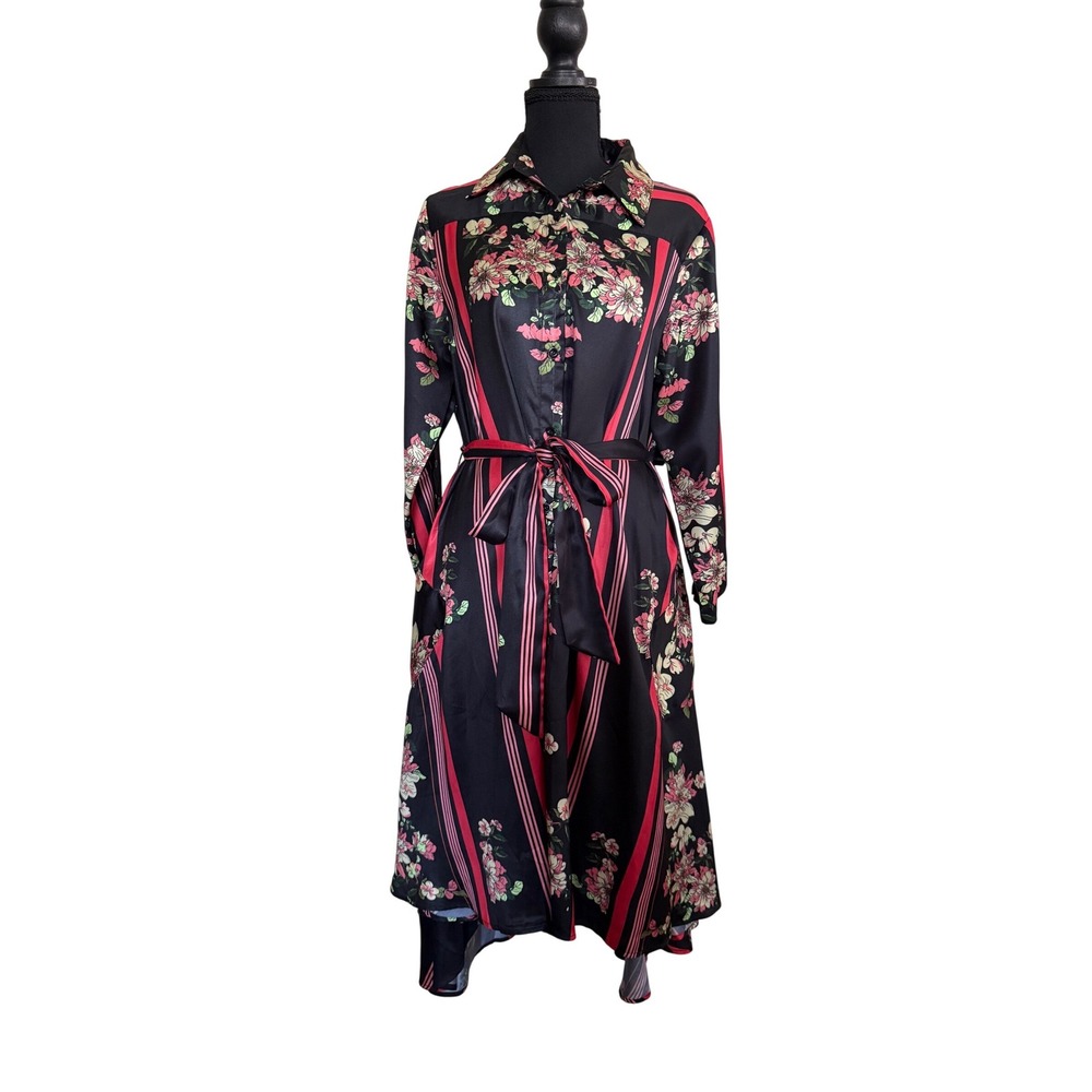 Gracia Womens Dark Floral Stripe Shirt Dress High Low Midi Size M Feminine